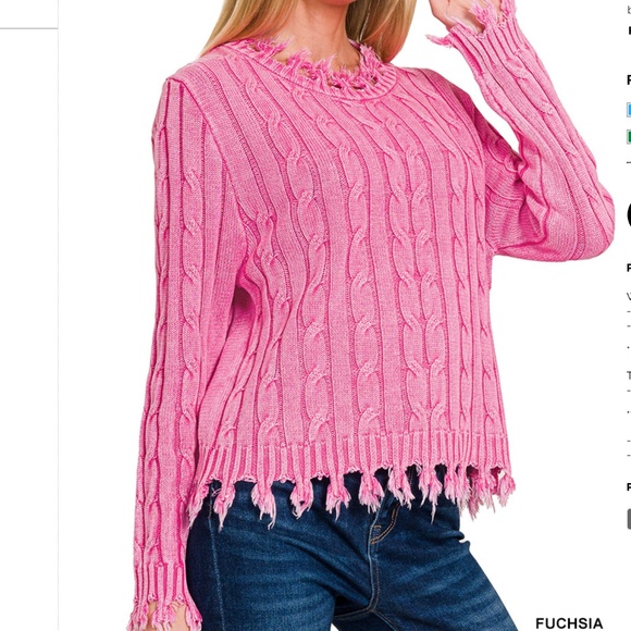 Zenana “ Carly 2 “ Zenana Cable Knit Sweater with Fringe Detail 12 PINK - Picture 1 of 3